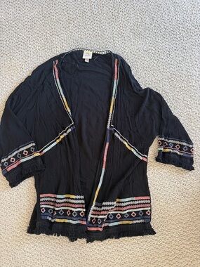 Black Embroidered Open Front Kimono Cardigan/ Cover Up